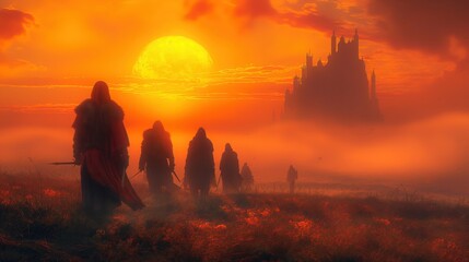 Warriors Marching Towards Castle at Sunset