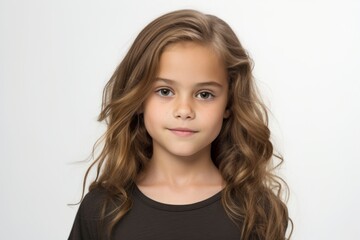 Portrait of a cute little girl with long curly hair, over white background