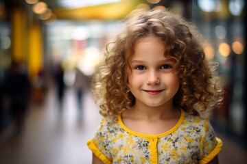 Fototapeta premium Portrait of a cute little girl with curly hair in a shopping center