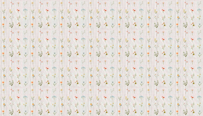 A pattern that features small flowers in square grids in pastel colors on white linen fabric, each grid contains one flower from various varieties, the grid is some pink dotted lines