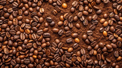 Scattered, warm-toned coffee grounds form a rustic, textured pattern on a clean, transparent background, evoking a sense of morning serenity.