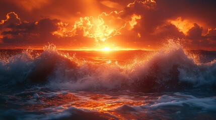 Fototapeta premium Crashing Waves at Fiery Sunset