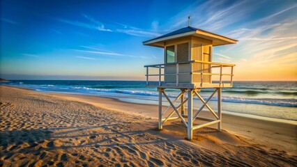 Obraz premium Serene empty lifeguard tower standing tall on a picturesque sandy beach under a clear blue sky with calm ocean waves.