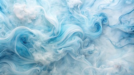 Fototapeta premium Ethereal abstract blue smoke wisps swirl against soft light blue watercolor acrylic marble background with subtle texture and gentle white hues.