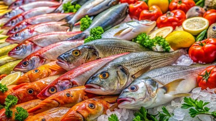 Vibrant display of fresh Mediterranean fish, including sea bass and snapper, arranged on ice at a bustling M?laga market stall.