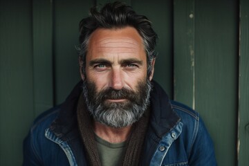 Fototapeta premium Portrait of handsome bearded man with long gray beard and mustache in denim jacket on wooden background