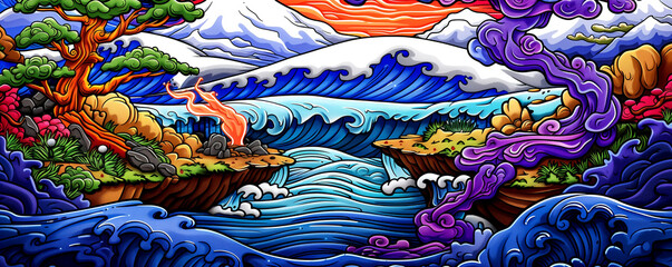 A painting of a mountain range with a river flowing through it. The painting is full of vibrant colors and has a dreamy, peaceful mood