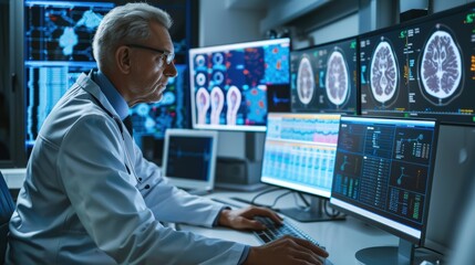 Advanced Medical Imaging Analysis: A Radiologist Examining Brain Scans for Neurological Diagnoses in a High-Tech Monitoring Center