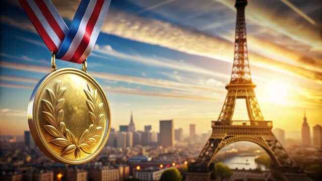 Golden medal held aloft in triumph, iconic iron lattice tower rises majestically in the background, symbolizing athletic excellence.