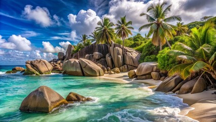 Naklejka premium Turquoise ocean waves gently lap against towering granitic boulders lining the pristine, palm-fringed shores of Seychelles iconic beach paradise.
