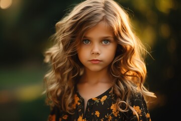 Naklejka premium Portrait of a beautiful little girl with long curly hair in a park.