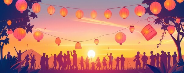 Celebration outdoors, sunset, flat design, top view, festival theme, cartoon drawing, colored pastel