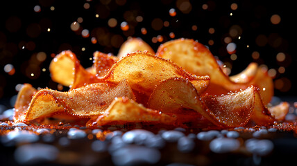 A pile of potato chips with a sprinkle of salt on top. The chips are arranged in a way that they look like they are falling from the sky