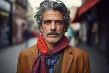 Obraz premium Portrait of a handsome middle-aged man with gray hair and a red scarf in the city.