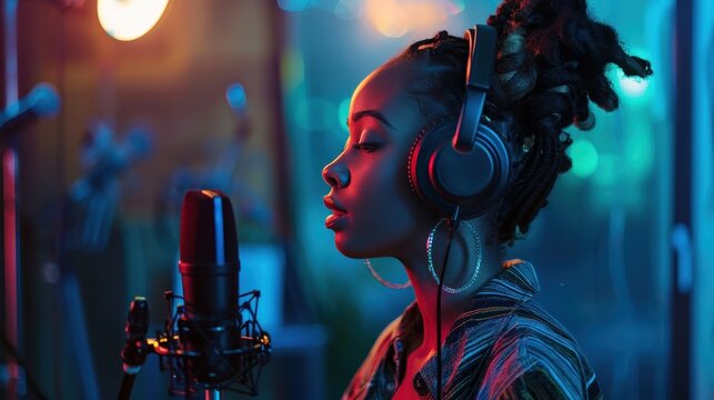 Woman singing into a microphone in a studio