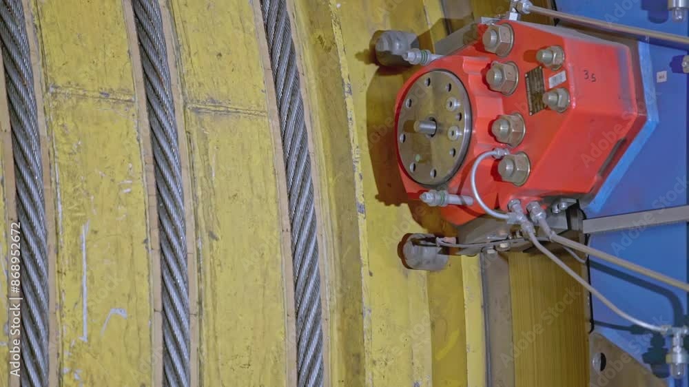Poster mechanism with ropes for mines. stock clip. drum of winch of mine lifting system in production. mult