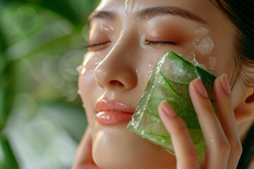 An Asian person applying aloe vera gel to their skin