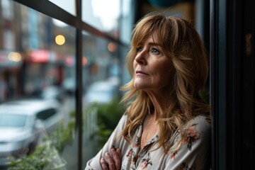 Fototapeta premium Portrait of mature woman standing in front of window in city.