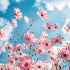 Spring flowers fly on a blue sky background. Beautiful pastel pink flower arrangement. Summer wallpaper.