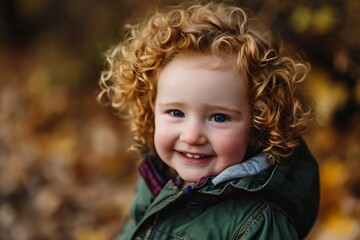 Fototapeta premium Portrait of cute little boy with curly hair outdoors on autumn day