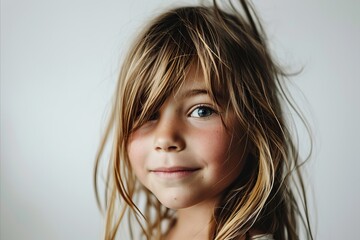 Naklejka premium Portrait of a beautiful little girl with long blond hair, studio shot