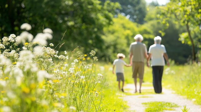 Elderly couple walking in a park with few children playing, aging society, demographic shift