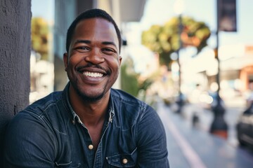 Fototapeta premium Portrait of a handsome african american man smiling while standing outdoors