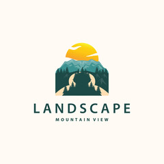 Landscape logo nature adventure design mountain and river luxury vector illustration