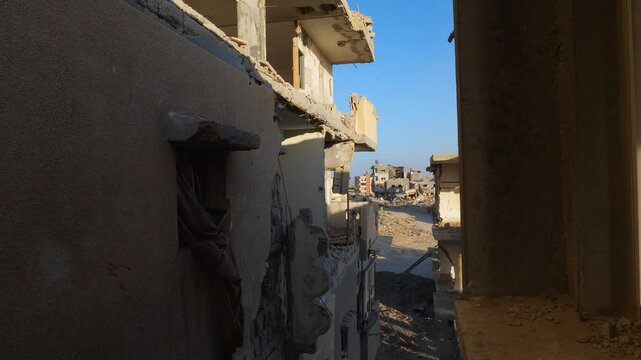 Remains of destroyed city buildings in air strike during Israel Hamas war conflict