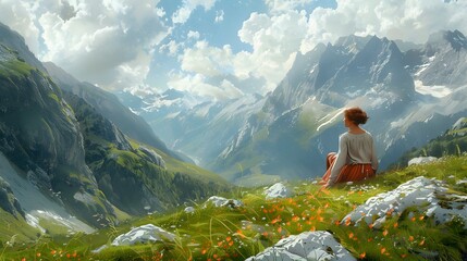 Naklejka premium Delighted young woman resting on the slopes of the mountain while feeling happy. 