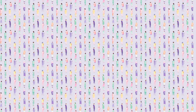 A diversity pattern of grid of small watercolor nurses in different poses, each nurse is standing on their own square space with the same size and shape, light purple background, minimalist style