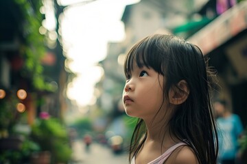 Cute asian little girl in the city, vintage tone.