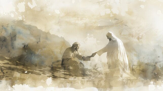 Jesus Healing the Leper Biblical Illustration, Watercolor Style, Faith and Mercy, Beige Background, copyspace