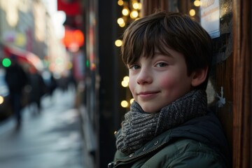 Fototapeta premium Portrait of a cute little boy in Paris, France on Christmas time