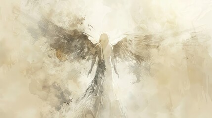 Angelic Figure with Outstretched Wings, Biblical Illustration, Beige Background, Christian Protection and Grace, Copyspace