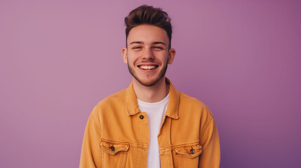 Fototapeta premium A smiling millennial man, looking confidently at the camera against a solid lavender background