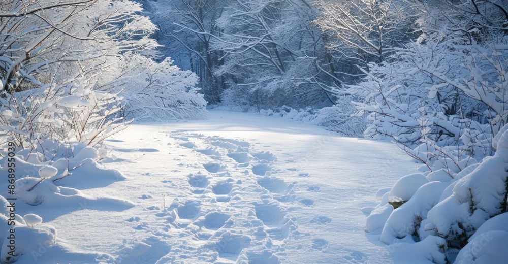 Aufkleber a snowy path in the woods with a few trees in the background