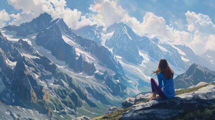 Delighted young woman resting on the slopes of the mountain while feeling happy. 