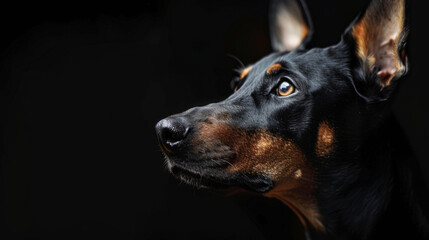 A lonely black and brown dog with brown eyes is in the dark room