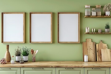 Extended view of vertical wooden blank frame mockups in an apple green kitchen with unique wooden accents.