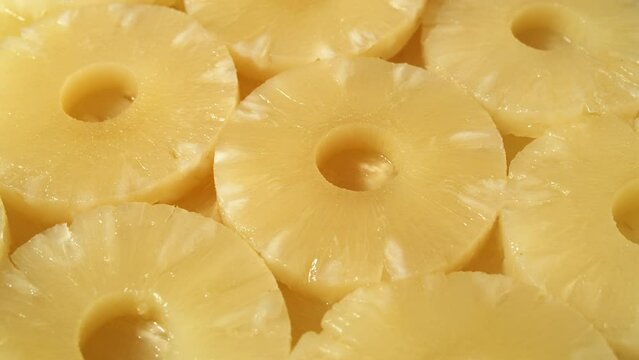 Close up of pineapple rings rotating. Golden pineapple slices filling the screen.