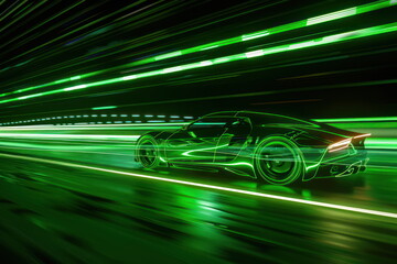 green neon car in the dark, car on high speed , motion move
