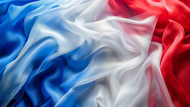 Drap&eacute; de soie aux couleurs du drapeau fran&ccedil;ais, bleu, blanc et rouge, espace n&eacute;gatif copyspace