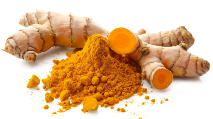 Spices of Turmeric, pepper powder and dried parsley shot from above and isolated on a transparent background