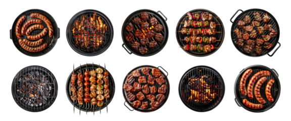 Set of round grills with meat, sausages and skewers, isolated on transparent background