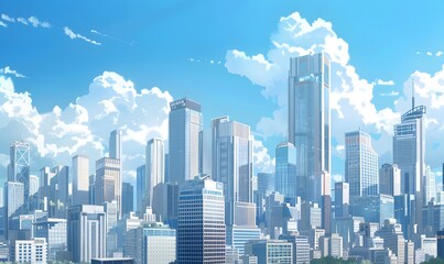 Cityscape under a Blue Sky with Fluffy Clouds
