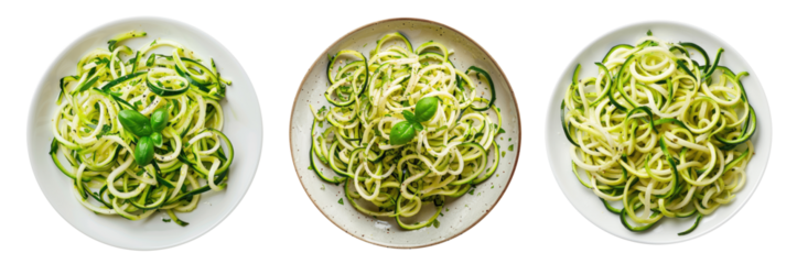Three plates with zucchini noodles isolated on transparent background, vegetarian food, top view