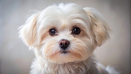 Adorable gentle cute small white fluffy Maltese dog with big brown eyes and pink nose sitting on a soft cushion.