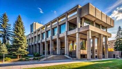 Historic brutalist-style building with concrete columns and angular lines now houses University of Calgary architecture school in Calgary Alberta.