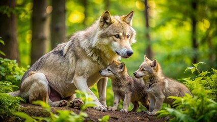 Adorable gray wolf mother tenderly cares for her newborn pups in a serene forest setting surrounded by lush green vegetation.